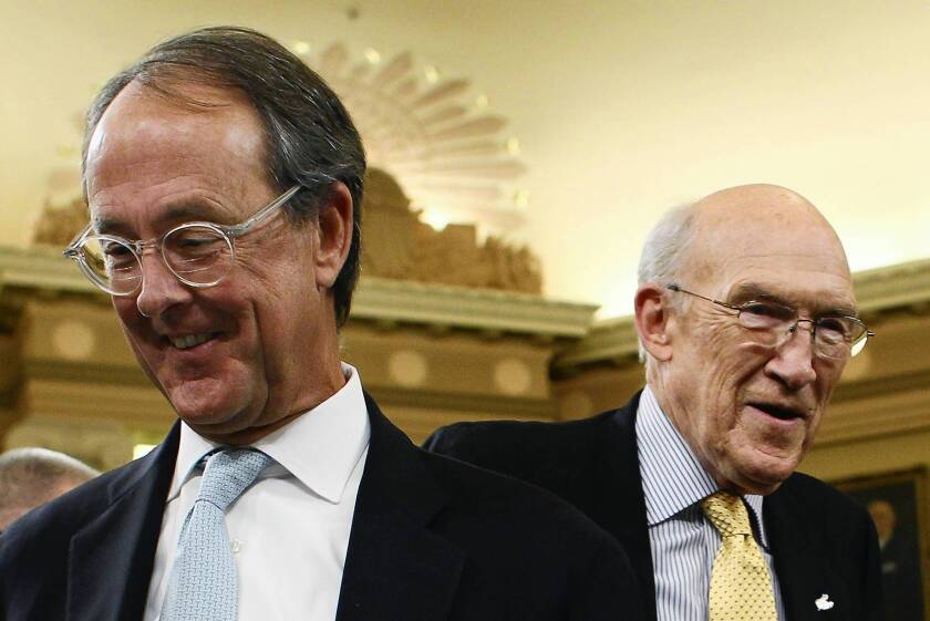 The Can Kicks Back's advisory board includes Erskine Bowles, left, and Alan Simpson, the former co-chairs of the National Commission on Fiscal Responsibility and Reform that developed a sweeping deficit-reduction plan.