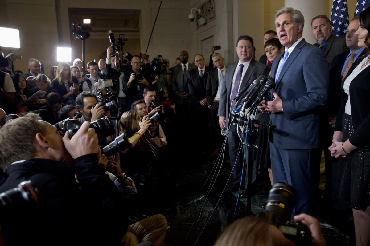 Majority Leader Kevin McCarthy of Bakersfield answers a question during a news conference on Capitol Hill in Washington after stepping down as a nominee for House speaker to replace John Boehner.