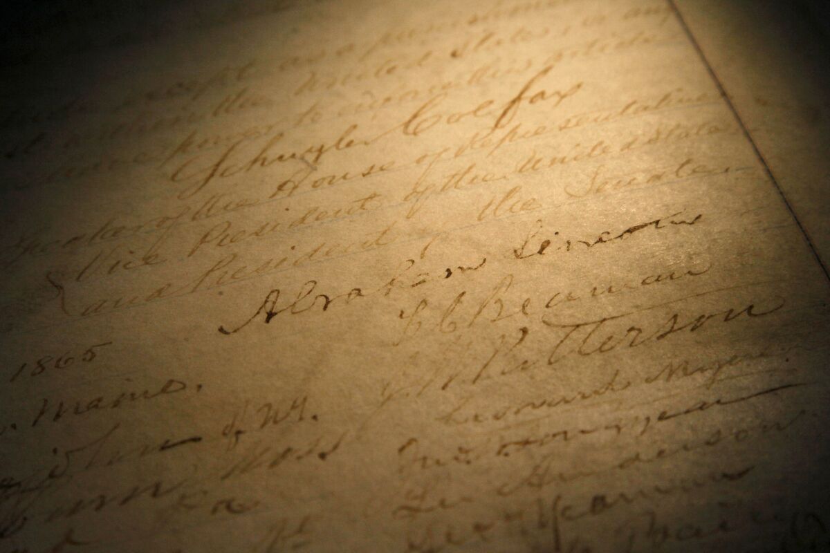 President Lincoln's signature on a copy of the 13th Amendment.