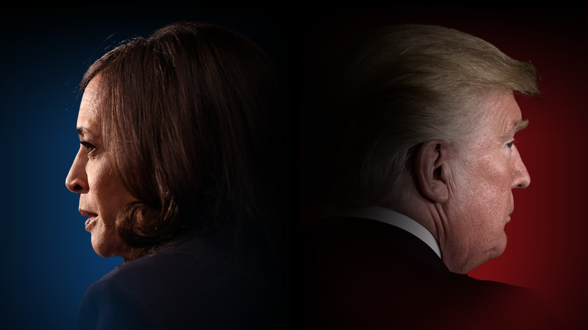 Profile images of Kamala Harris, with a blue background, and Donald Trump, with a red background.