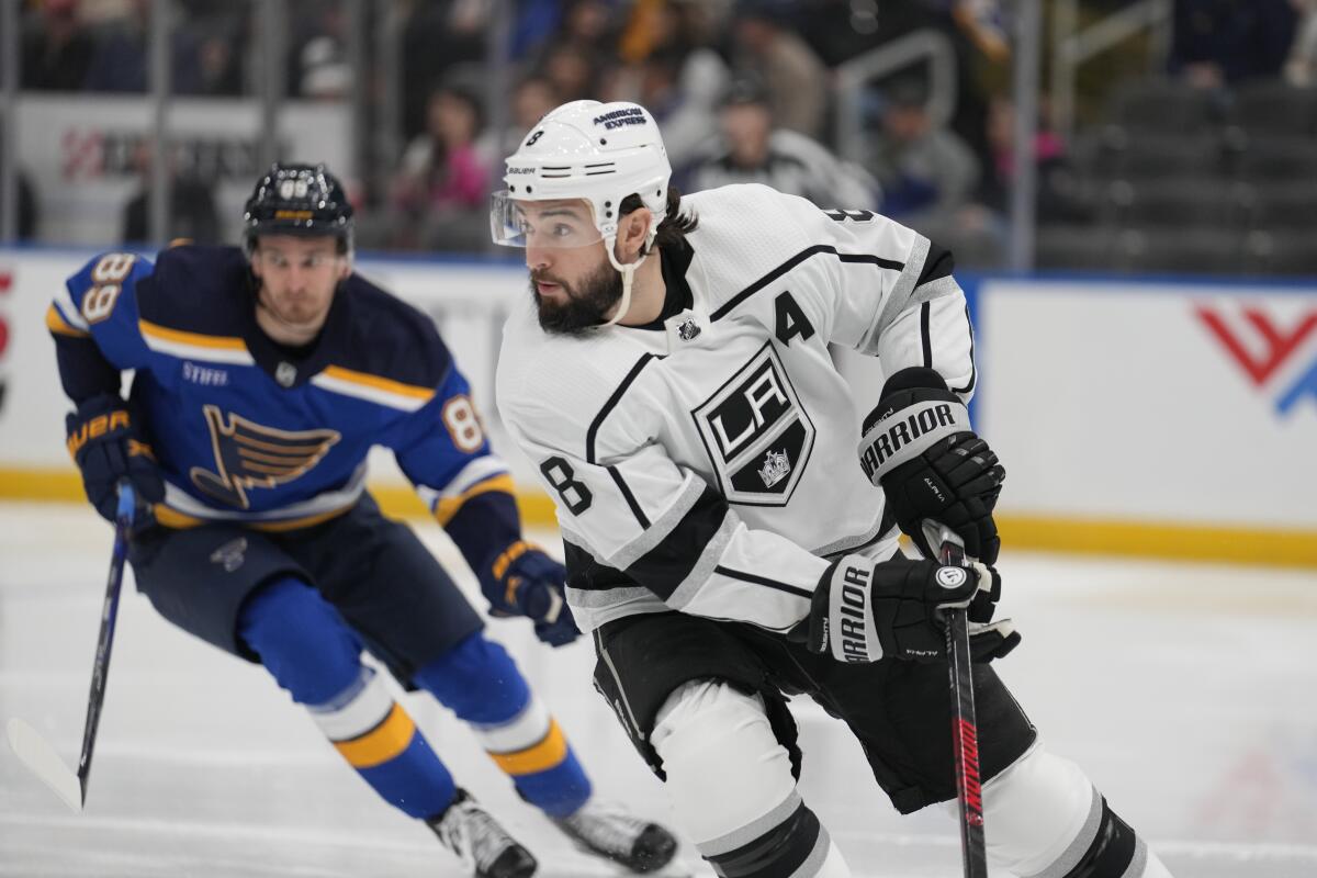 Kings defenseman Drew Doughty controls the puck during a loss to the St. Louis Blues on Sunday.