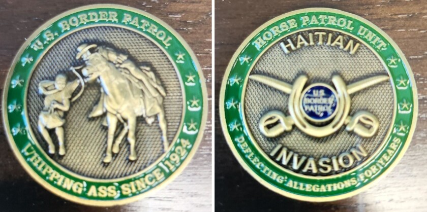 A coin depicts a migrant grabbed by a Border Patrol agent on horseback.