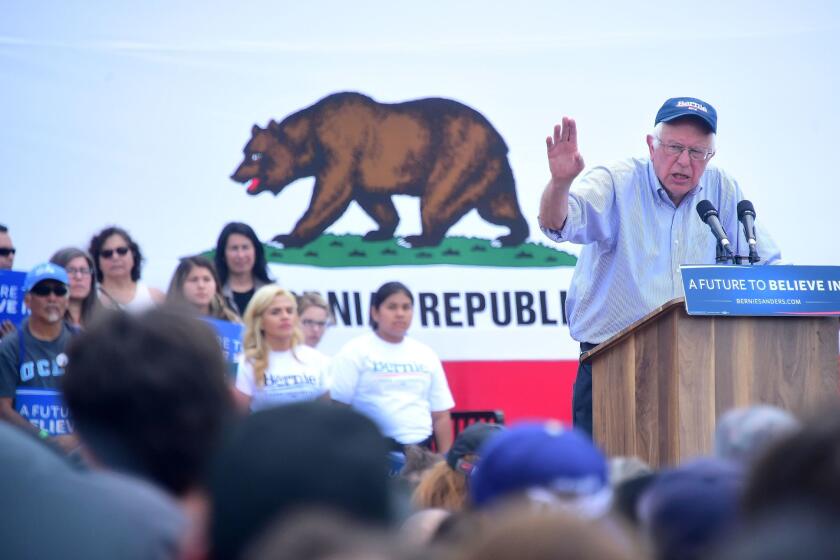 Vermont Sen. Bernie Sanders speaks at a rally in East Los Angeles on Monday. Sanders said he supports the effort to legalize recreational marijuana in California.