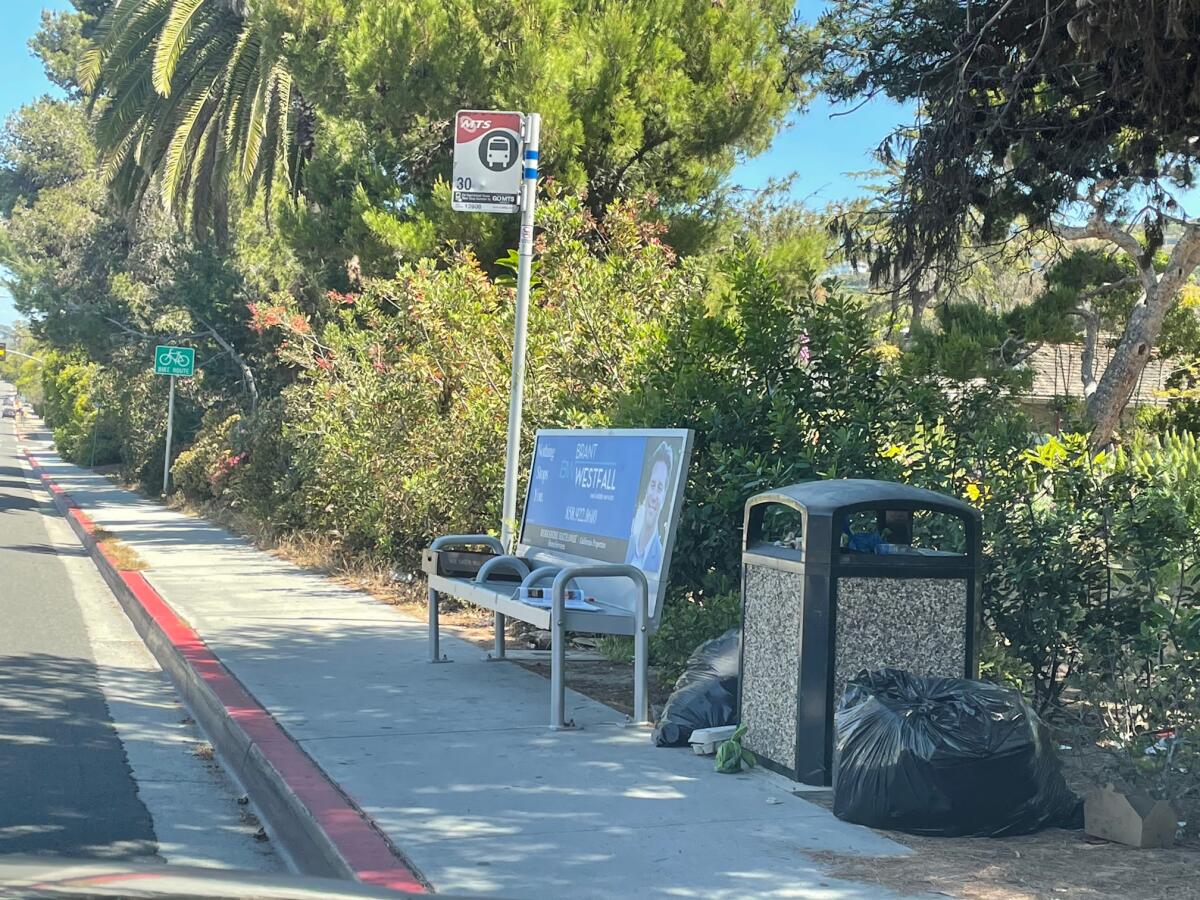 The former trash receptacle at a bus stop on La Jolla Shores Drive at Paseo Dorado