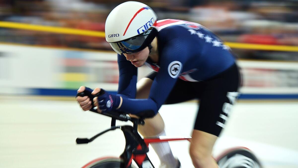 Kelly Catlin competes in the women's individual pursuit bronze medal race during the UCI Track Cycling World Championships in the Netherlands in 2018.