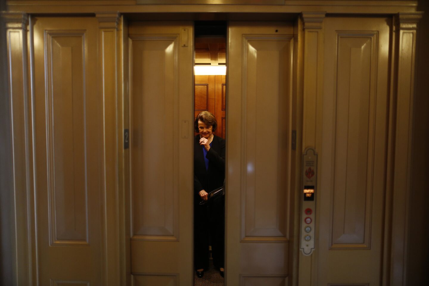 Sen. Dianne Feinstein (D-Calif.) is seen in an elevator on Capitol Hill after speaking on the Senate floor about gun legislation.