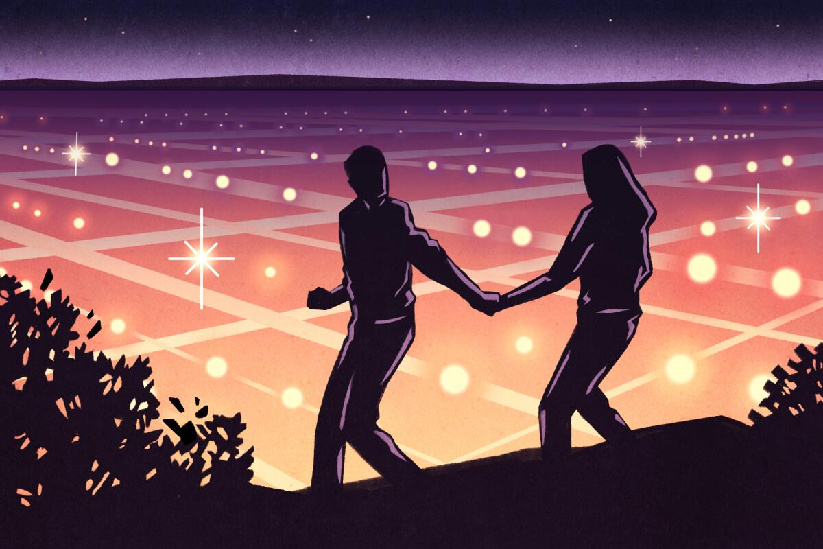 Illustration of a man and woman doing a nighttime hike with city lights twinkling below them.