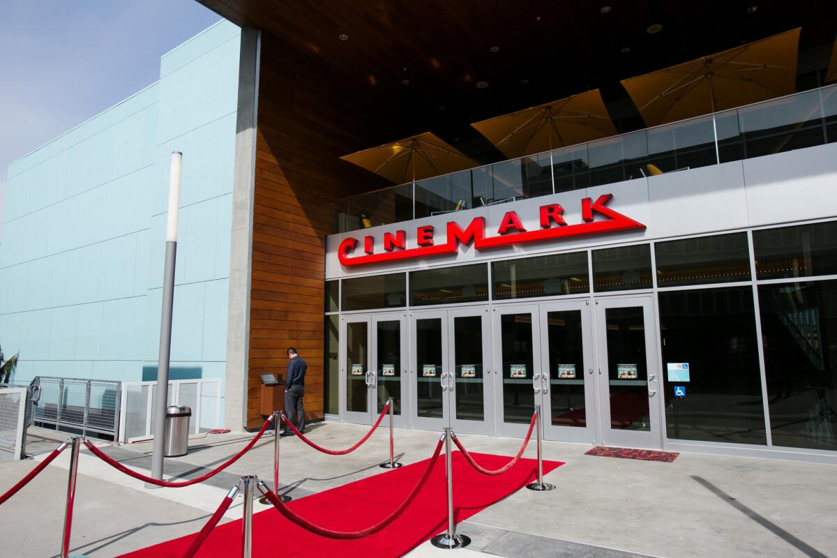 Shown is the entrance of a Cinemark movie theater in the Playa Vista neighborhood of Los Angeles.