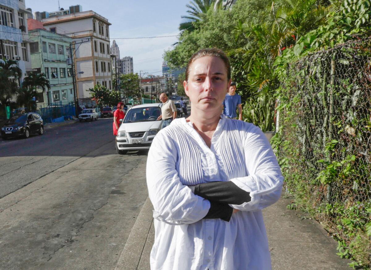 Cuban performance artist Tania Bruguera in Havana on Wednesday after being released by the authorities. According to her family and wire service reports, she was detained once again soon after this picture was taken, for trying to hold a news conference.