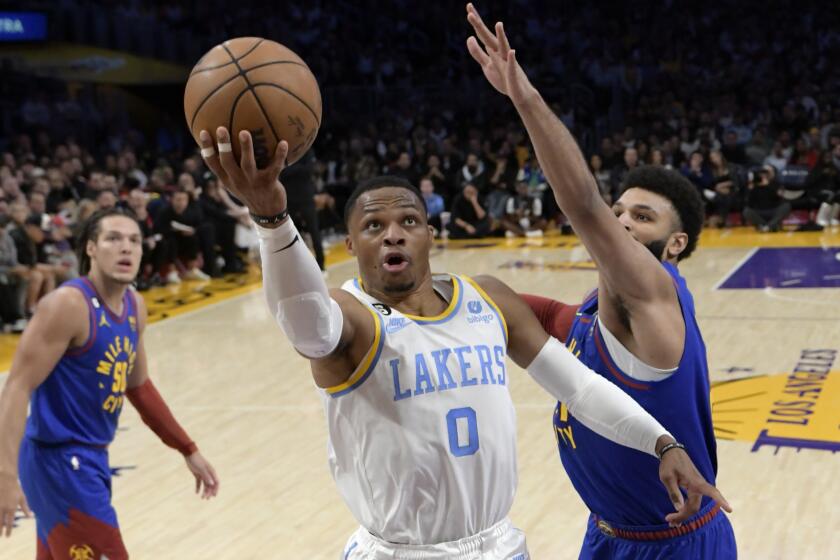 LOS ANGELES, CA - OCTOBER 30: Russell Westbrook #0 of the Los Angeles Lakers drives to the basket.