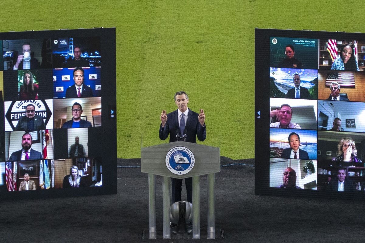 Gov. Gavin Newsom delivers his third State of the State address virtually from empty Dodger Stadium
