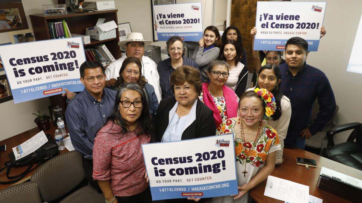 Marycarmen Moran, center, is a partnership specialist for the 2020 census. Mayan community leaders from Mexico, Oaxaca, Guatemala, El Salvador and the Garifuna community in Honduras attended a planning meeting in L.A. for the count.