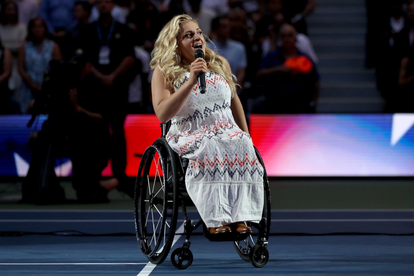 Tony Award winner Ali Stroker performs during the opening night ceremony at Arthur Ashe Stadium during day one of the 2019 U.S. Open at the USTA Billie Jean King National Tennis Center on Aug. 26, 2019, in the Flushing, Queens.