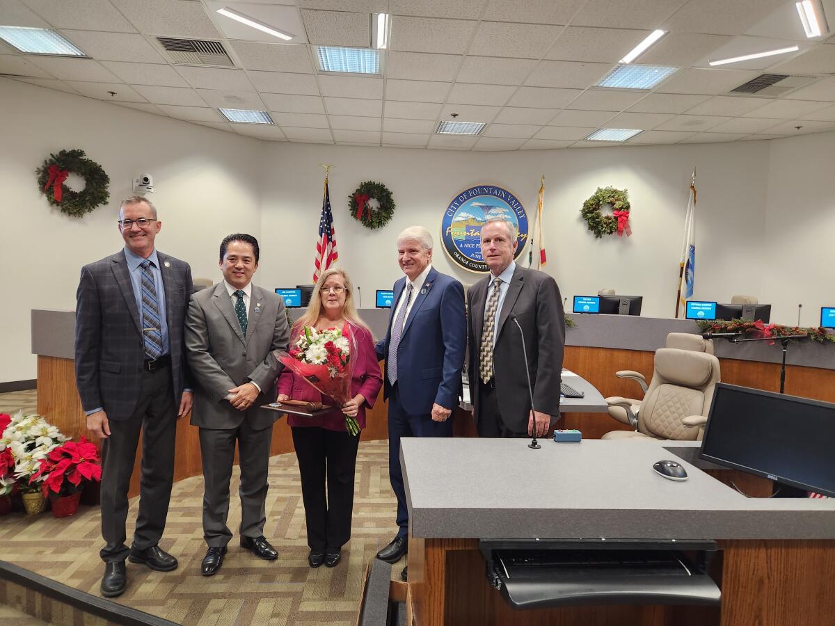 Fountain Valley City Council members pose with outgoing Mayor Kim Constantine.