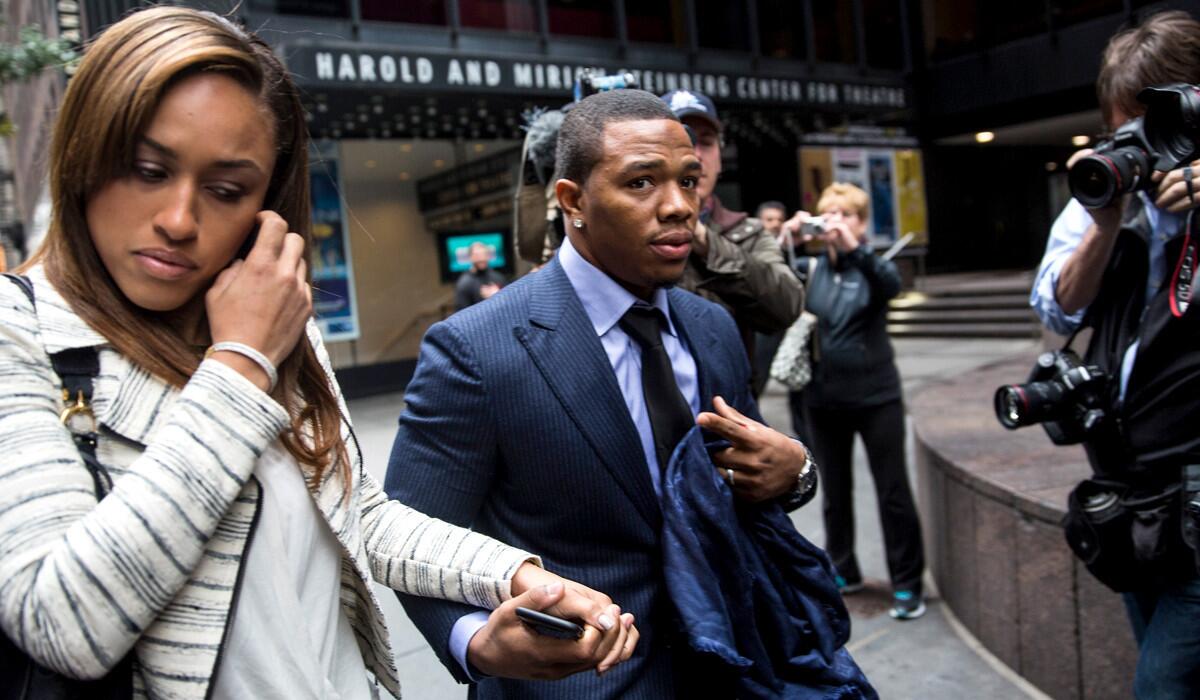 Ray Rice and wife Janay arrive for a hearing in the wake of his suspension after being caught beating his wife in an Atlantic City casino elevator.