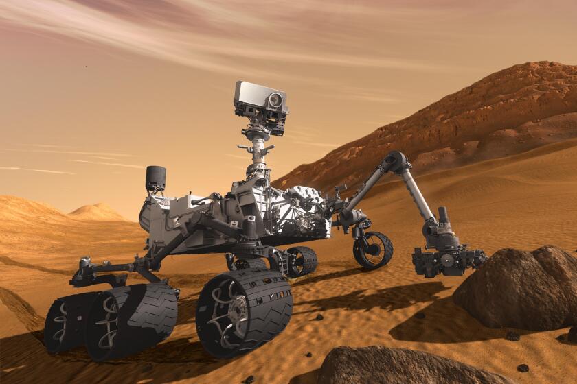 A rendering of the NASA Mars rover Curiosity. The wheels are carved to leave "JPL" in Morse code on the Martian surface.