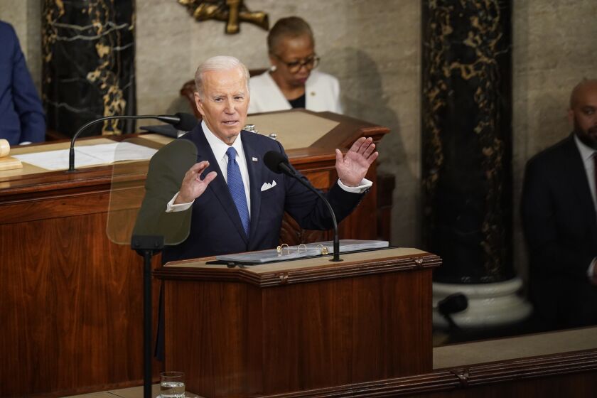 WASHINGTON, DC - FEBRUARY 07: President Joe Biden speaks during a State of the Union address at the U.S. Capitol on Tuesday, Feb. 7, 2023 in Washington, DC. (Kent Nishimura / Los Angeles Times)