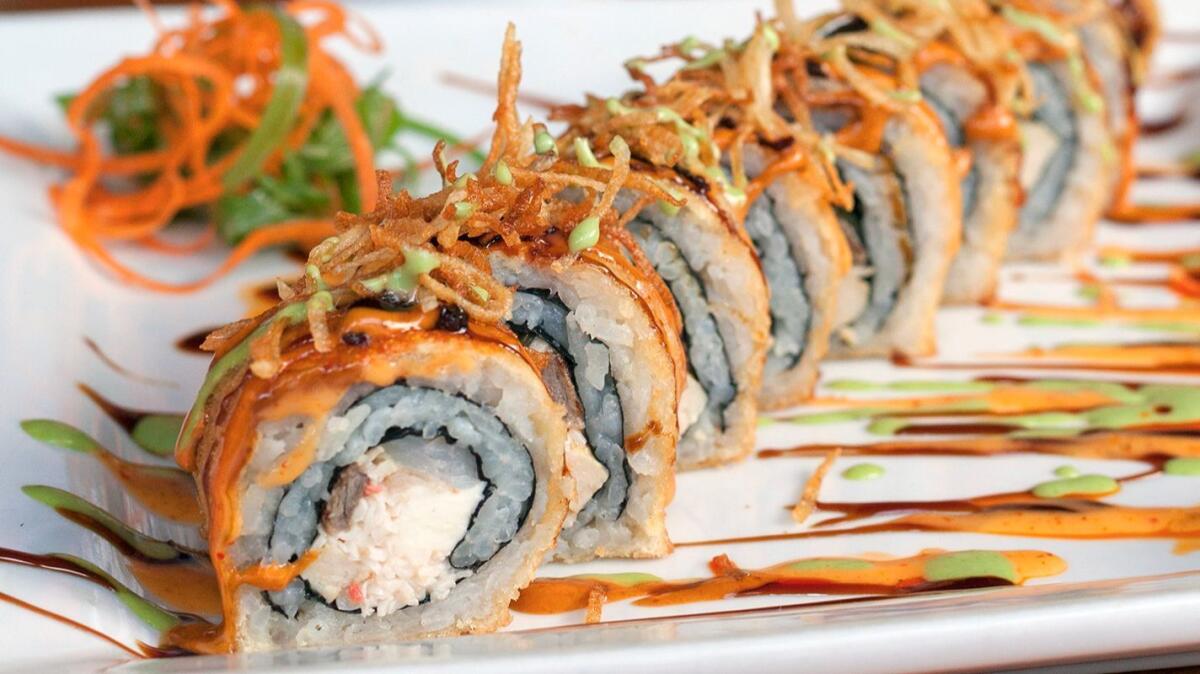 Mexican sushi is a mash-up of food traditions that rolls everything from shrimp to chicken to carne asada into sauce-slathered, deep-fried rolls. (Meg Strouse)