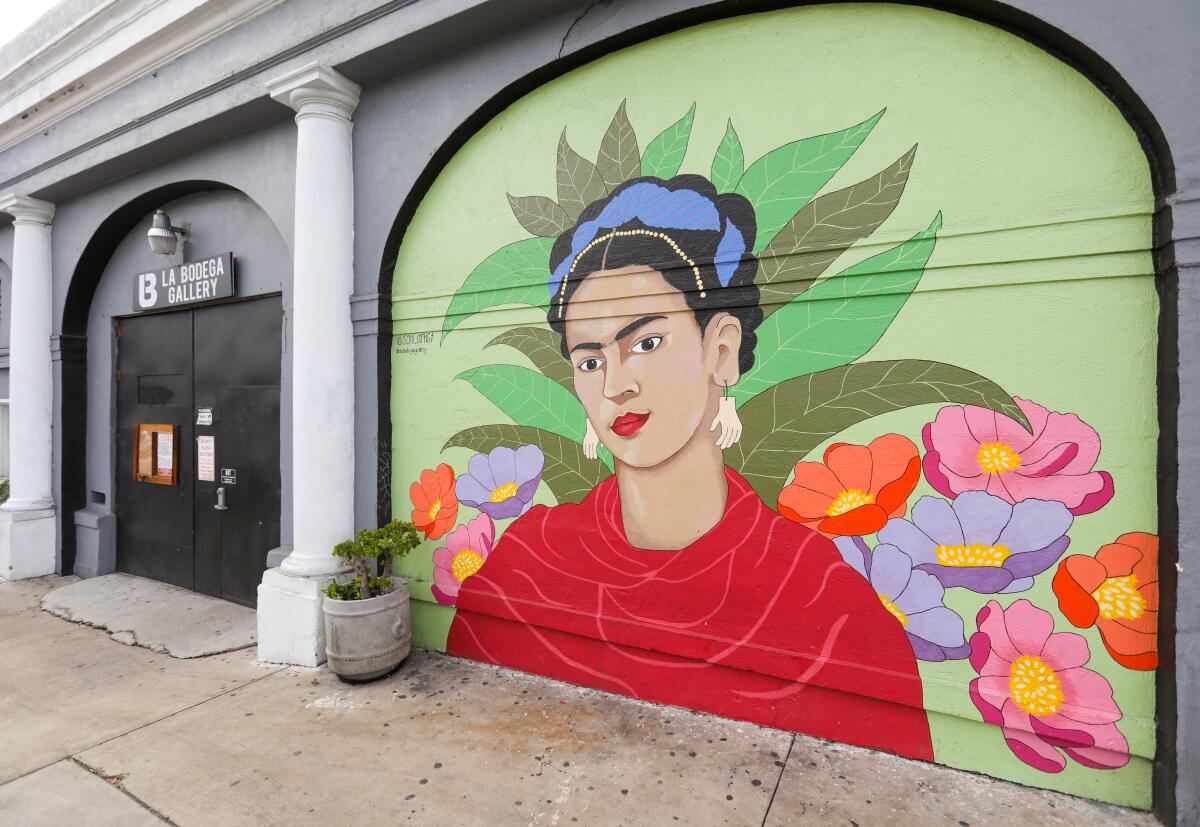 A mural of Frida Kahlo on the front of La Bodega Gallery in San Diego's Barrio Logan 