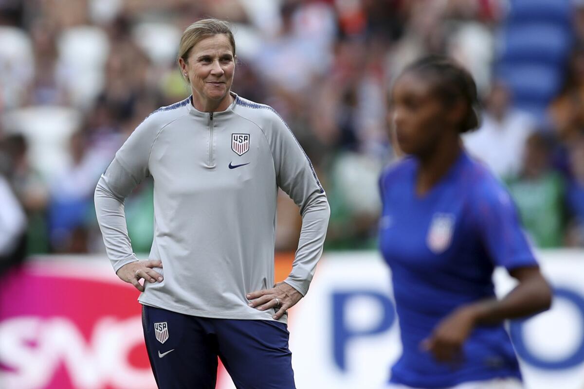 U.S. coach Jill Ellis watches players warm up before the 2019 Women's World Cup final.
