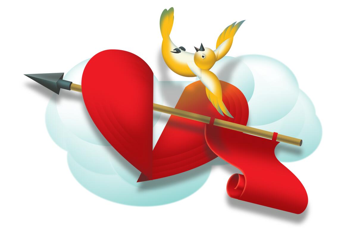 An illustrated arrow with a red flag cuts through a heart and upends a bird.
