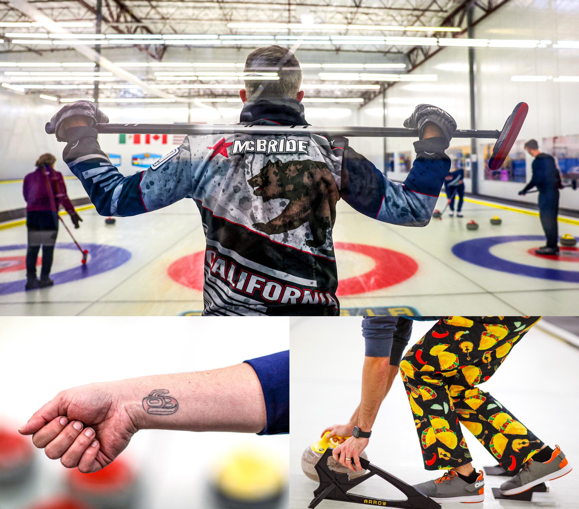 Justin McBride, Doug Thoreson and Jennifer Gamboa show off their style at Hollywood Curling Club league night.