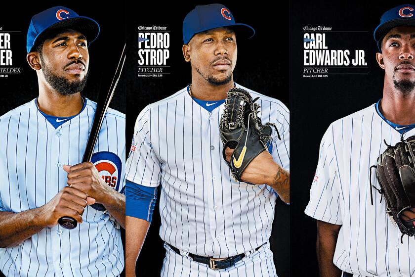 Dexter Fowler, Pedro Strop, and Carl Edwards Jr. appear in full-page Chicago Tribune posters published during the 2016 World Series run.