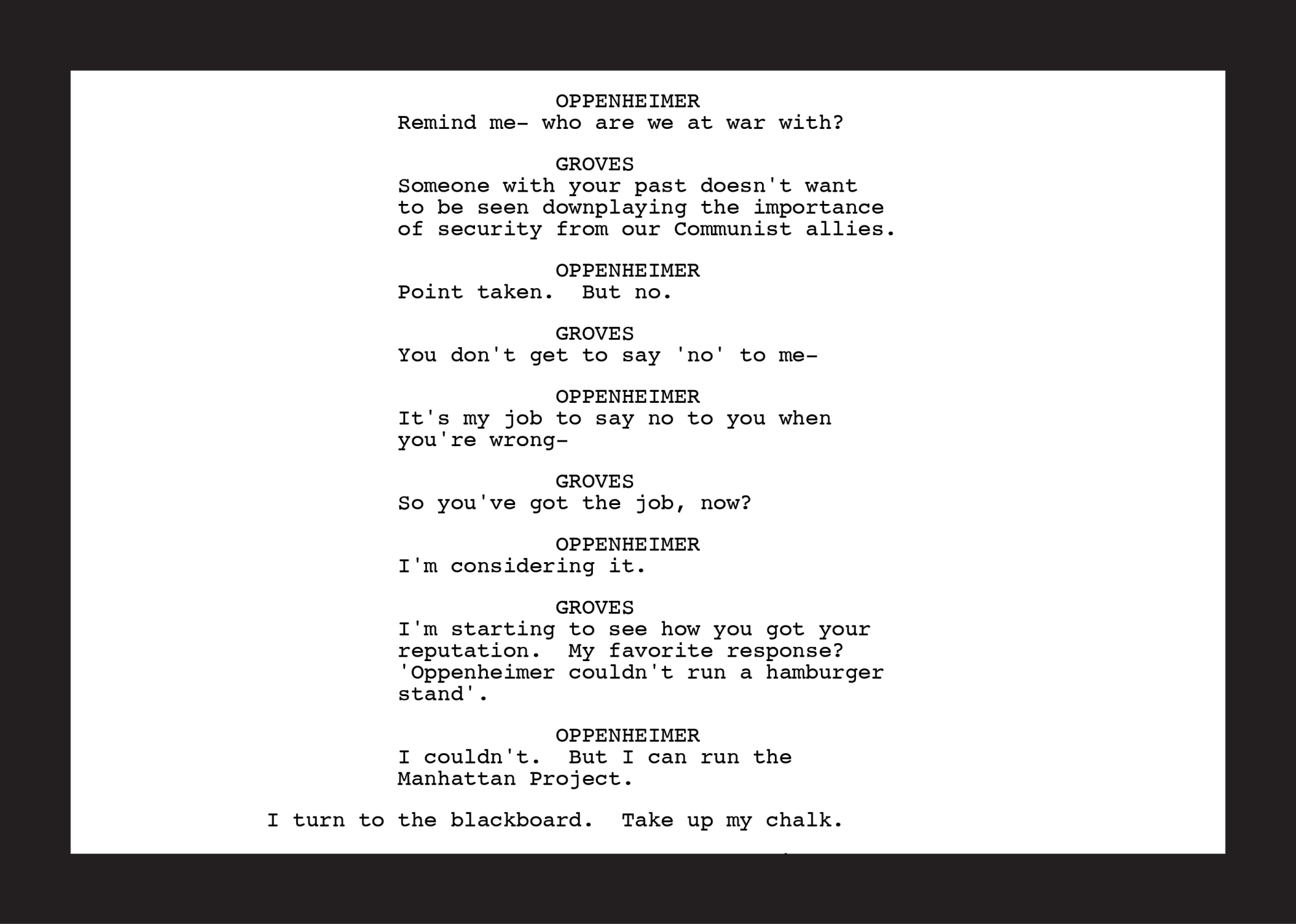 Oppenheimer Script for scene where Groves recruits Oppenheimer
