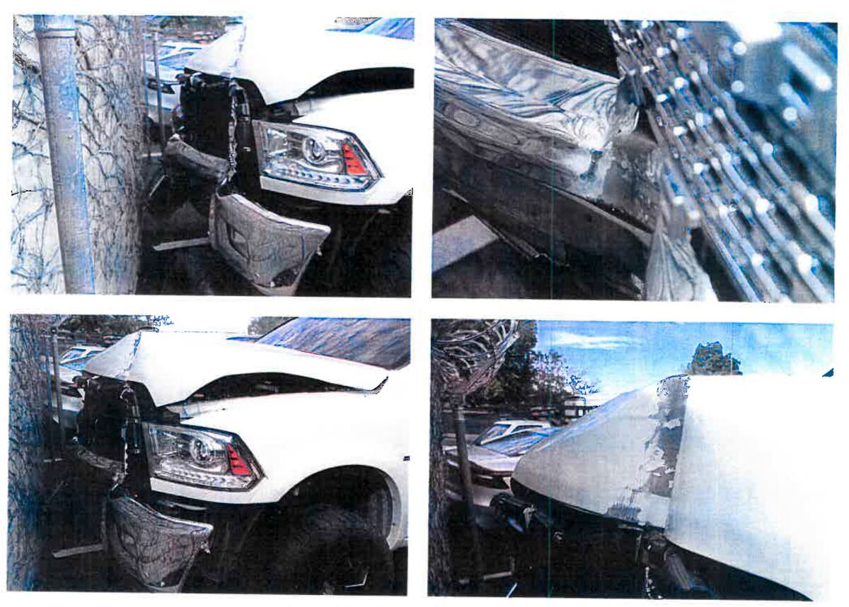 Various images of a white pick-up with damage to the front