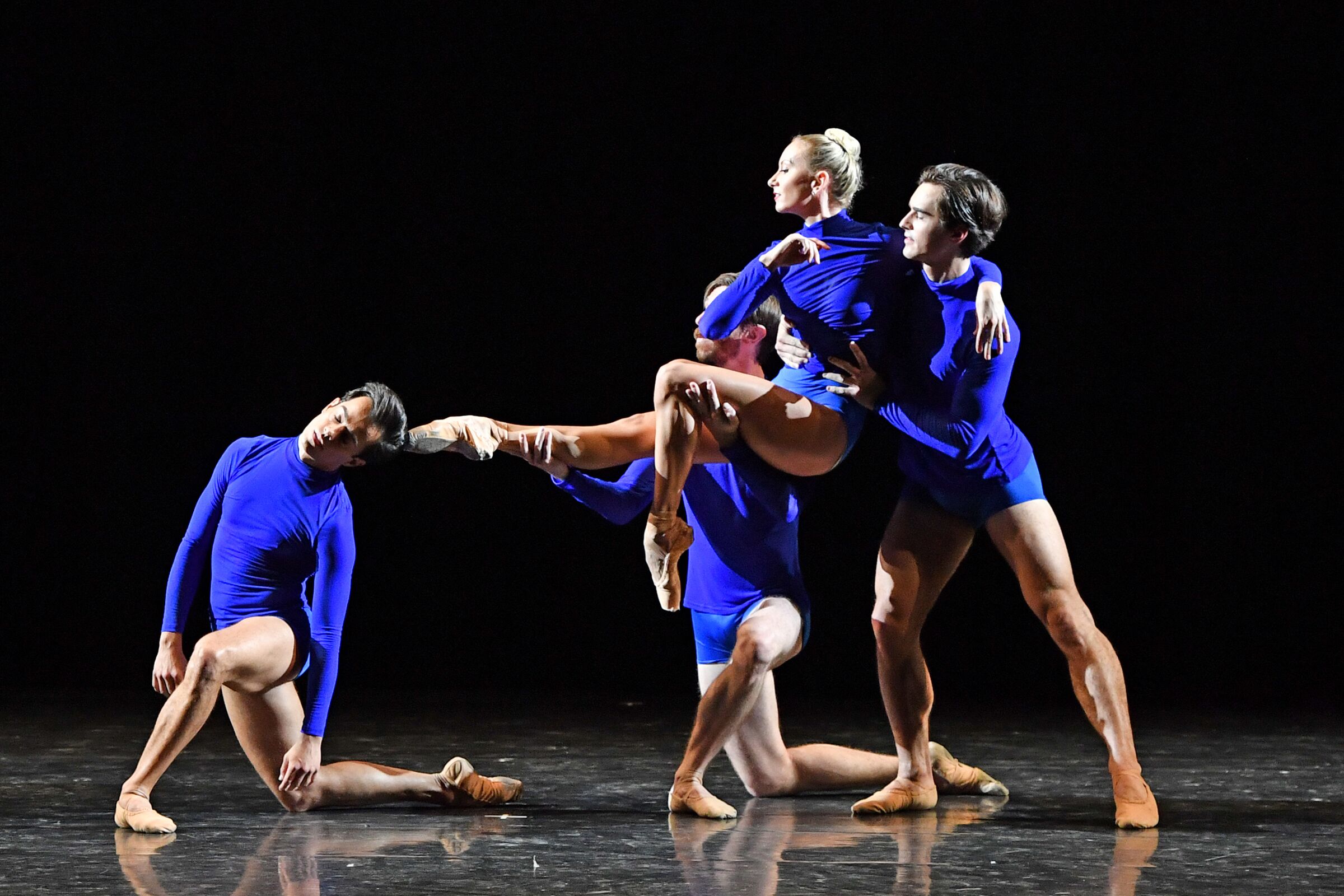 Lucas Ataide, Brian Heil, Megan Jacobs, Jaroslav Richters in City Ballet of San Diego’s presentation of “Rhapsody in Blue.”