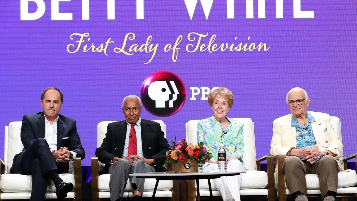Steve Boettcher, Arthur Duncan, Georgia Engel and Gavin MacLeod at the panel for the show "Betty White: First Lady of Television" on Tuesday at the Summer 2018 Television Critics Assn. Press Tour at the Beverly Hilton Hotel.