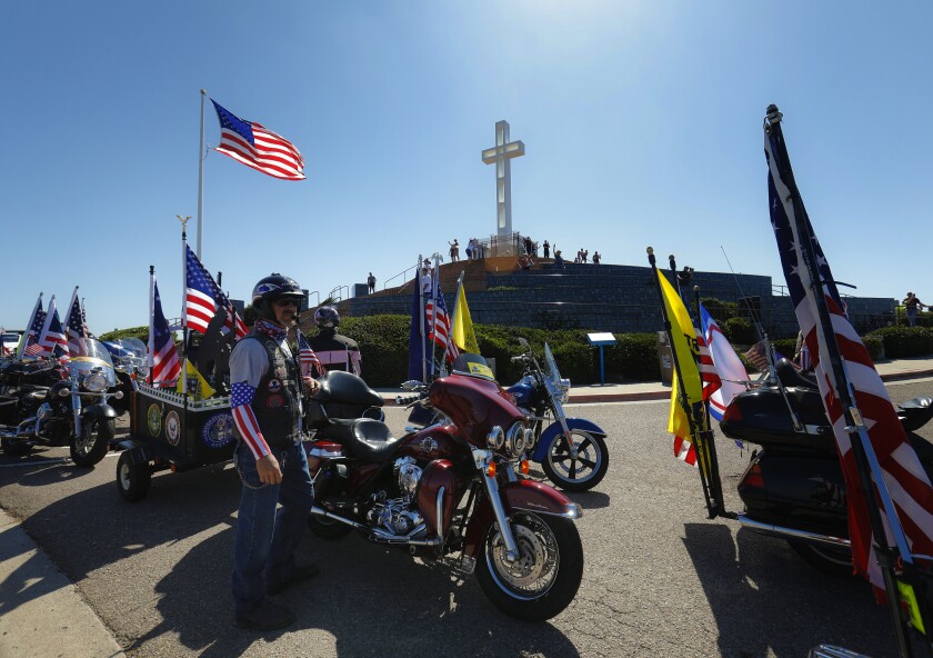 Motorcycle riders at the Mount Soledad National Veterans Memorial in La Jolla.