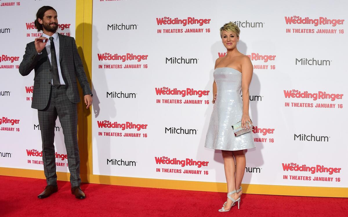 Actress Kaley Cuoco-Sweeting and her husband, Ryan Sweeting, pose on arrival for the world premiere of the film "The Wedding Ringer" in Hollywood on Jan. 6.