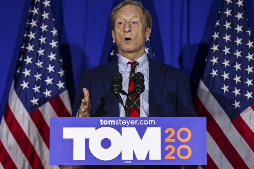 Democratic presidential candidate businessman Tom Steyer speaks during a campaign event, Monday, Dec. 16, 2019, in Iowa City, Iowa. (Andy Abeyta/The Gazette via AP)