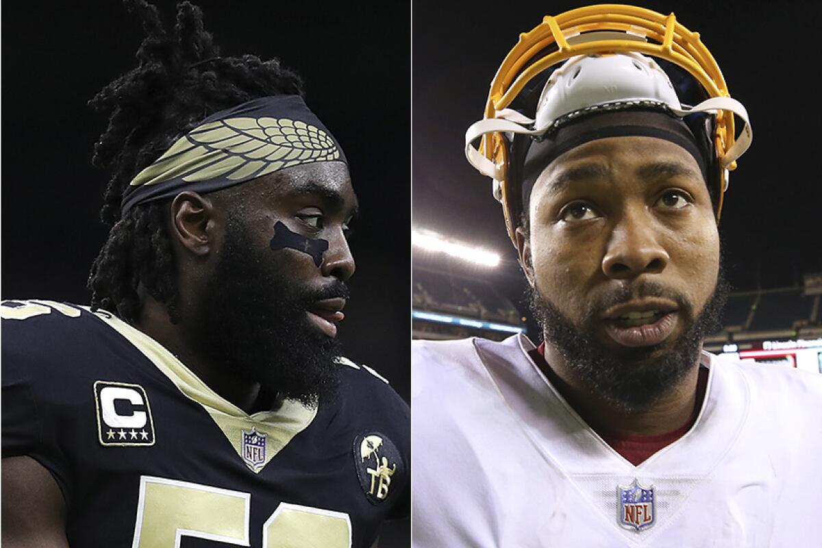 Demario Davis, de los Saints, a la izquierda, y Josh Norman, de los Redskins, se enteraron del caso de José Bello a través de miembros de la Coalición de Jugadores.