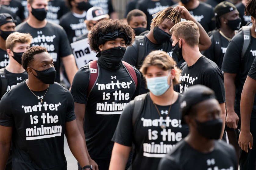 COLUMBIA, SC - AUGUST 31: University of South Carolina football players participate in a demonstration.