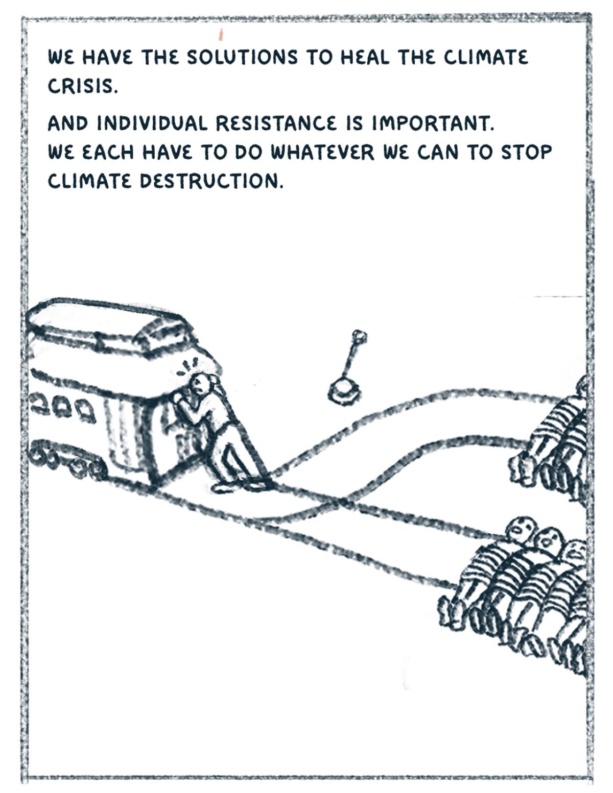 Illustration of recurring train photo with people tied to tracks. A person is trying to push the train back up the tracks. 
