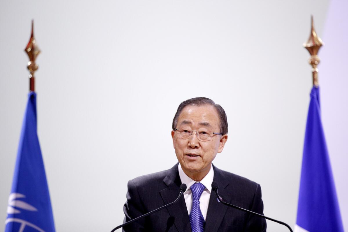 epa05058090 UN Secretary-General Ban Ki-moon delivers a speech during the 'High-Level Segment of COP 21/CMP 11' meeting at the COP21 World Climate Change Conference 2015 in Le Bourget, north of Paris, France, 07 December 2015. The 21st Conference of the Parties (COP21) is held in Paris from 30 November to 11 December aimed at reaching an international agreement to limit greenhouse gas emissions and curtail climate change. EPA/YOAN VALAT ** Usable by LA, CT and MoD ONLY **