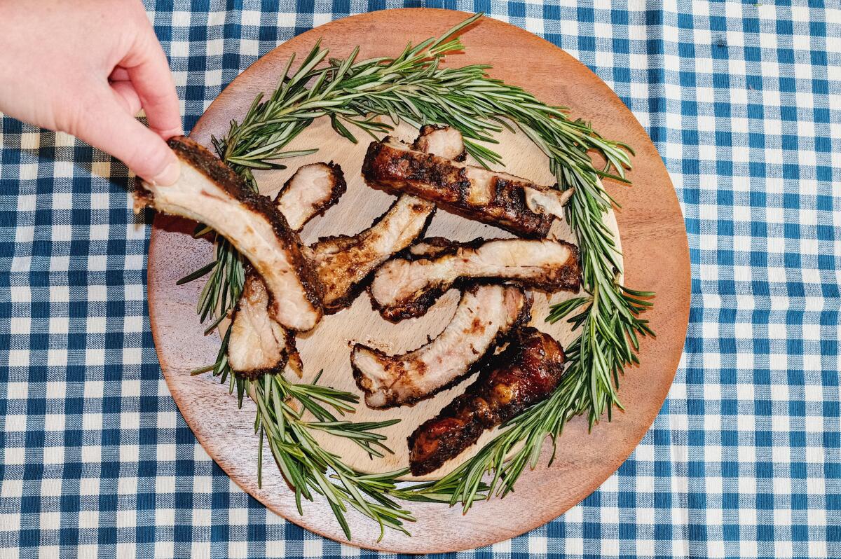 Chef Mary Sue Milliken's pork ribs at the Los Angeles Times Test Kitchen in El Segundo, CA on Thursday, May 16, 2024.