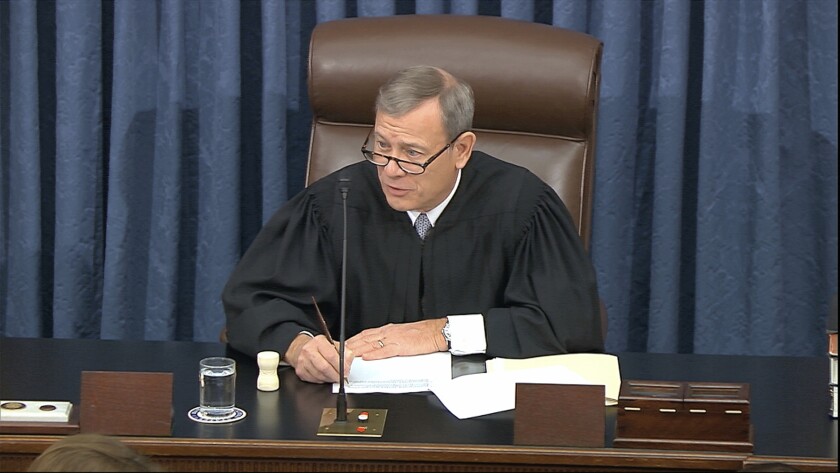 Supreme Court Chief Justice John G. Roberts Jr. speaks during the impeachment trial of President Trump.
