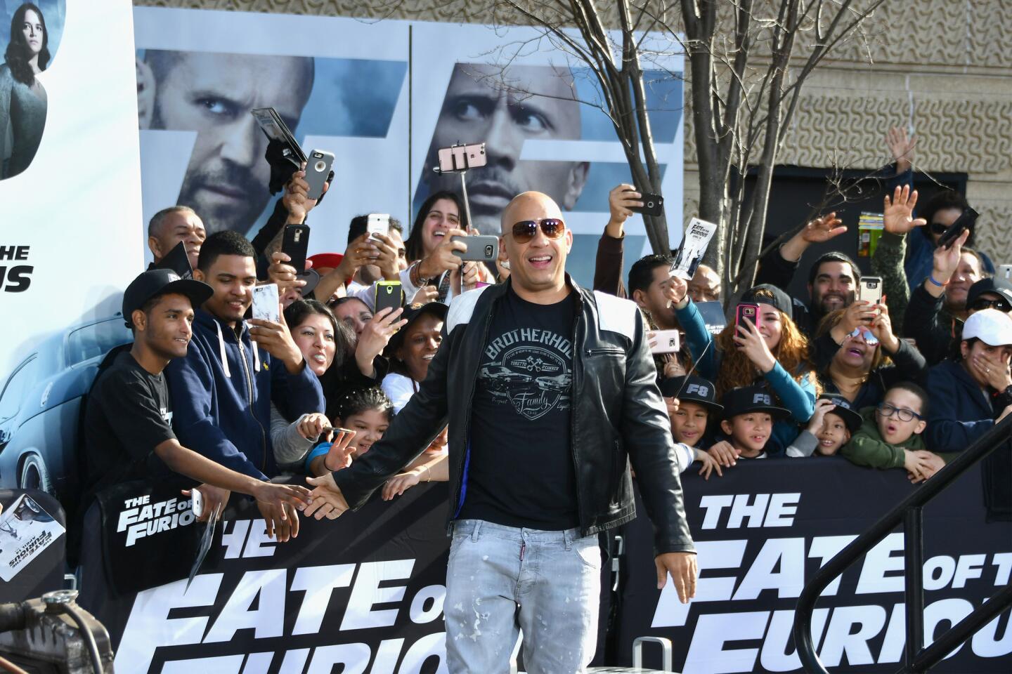 Vin Diesel (pictured) and Michelle Rodriguez visit Washington Heights on behalf of "The Fate Of The Furious" on April 11, 2017 in New York City.