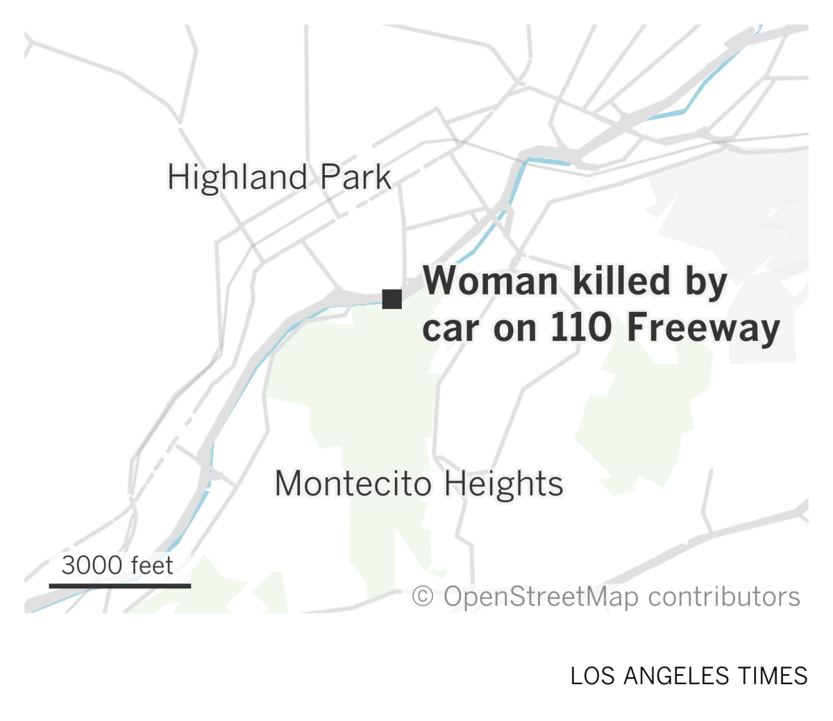 A map of Highland Park showing the location where a woman was killed by a car on the 110 Freeway