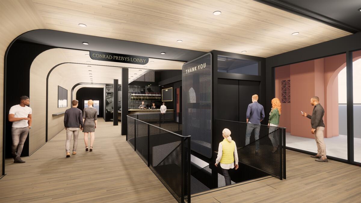 A rendering depicts the modern-style lobby planned for the Joan and Irwin Jacobs Performing Arts Center at Liberty Station.
