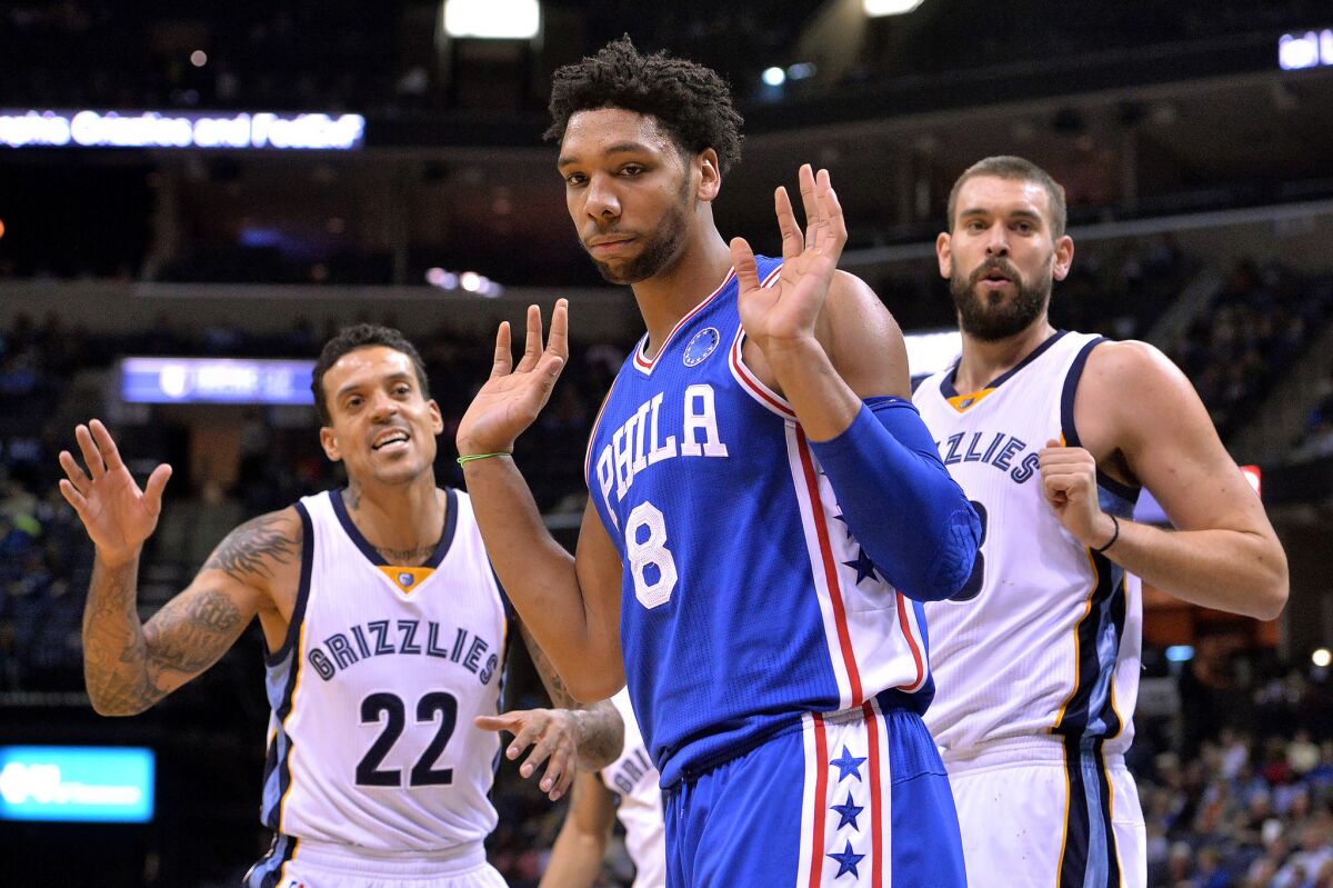 The Lakers get their first chance to face 76ers center Jahlil Okafor (8) after passing on him in the draft to select D'Angelo Russell on Nov. 29.