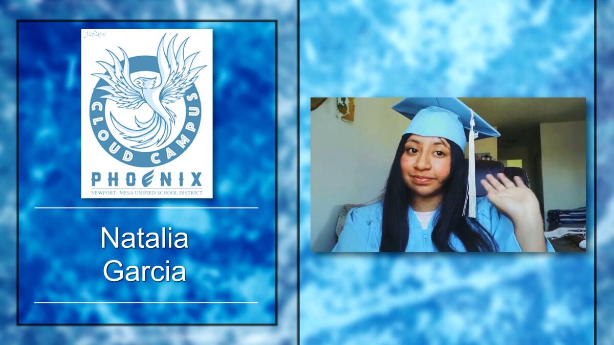 Natalia Garcia is waving in a video for the graduation.