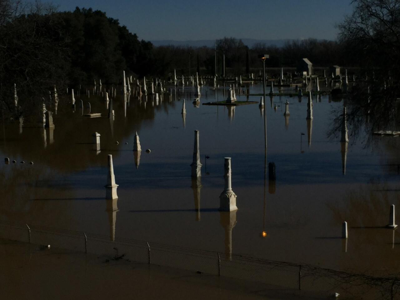 The Marysville cemetery underwater along the Feather River.