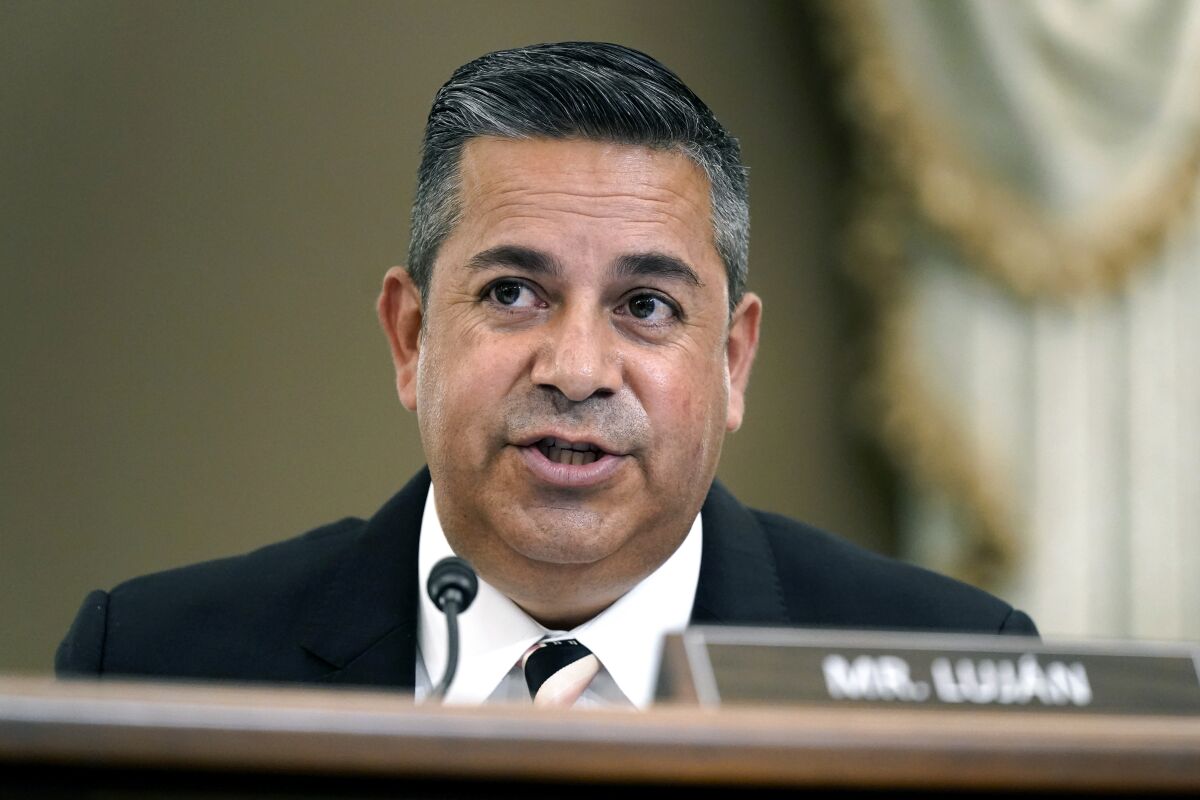 FILE Sen. Sen. Ben Ray Lujan, D-N.M., speaks during a Senate Commerce, Science and Transportation Subcommittee on Consumer Protection, Product Safety and Data Security hearing on children's online safety and mental health, Sept. 30, 2021, on Capitol Hill in Washington. Lujan is recovering at an Albuquerque hospital after suffering a stroke last week, his office said in a statement issued Tuesday, Feb. 1, 2022. (AP Photo/Patrick Semansky, File)