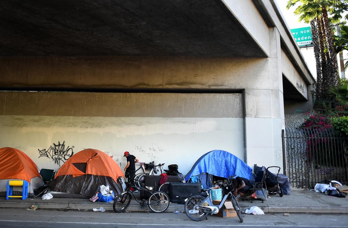 Homeless people line up tents along Figueroa Street under the 101 Freeway in downtown Los Angeles.