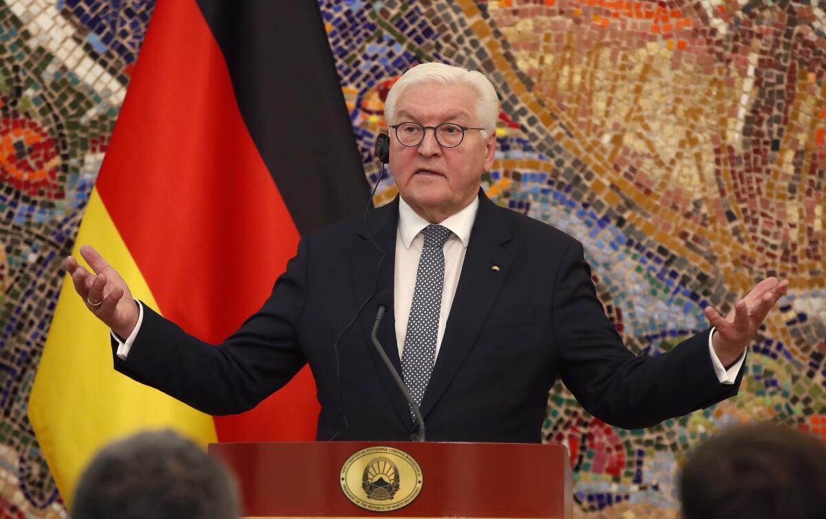 German President Frank-Walter Steinmeier speaks, during a joint news conference with North Macedonia's President Stevo Pendarovski at the presidential palace in Skopje, North Macedonia, Tuesday, Nov. 29, 2022. Steinmeier is on a two-day official visit to North Macedonia. (AP Photo/Boris Grdanoski)