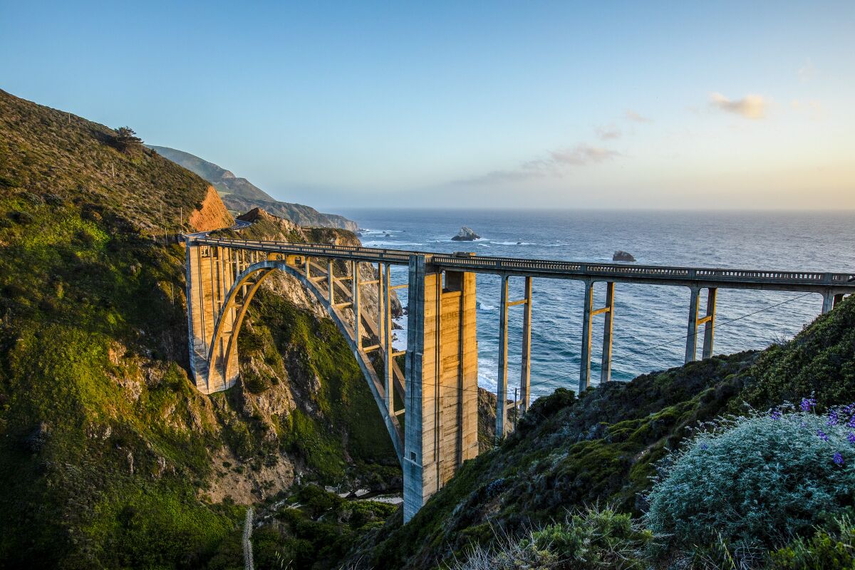 Bixby Creek Bridge, which spans Bixby Canyon on the Big Sur coast, overlooking the Pacific Ocean.